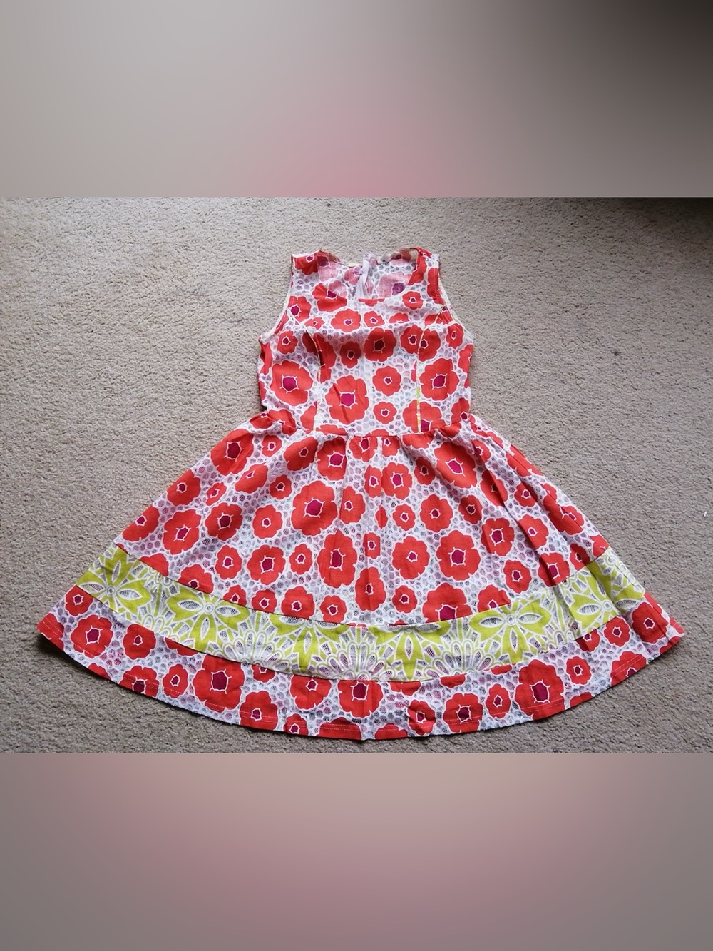 Mystree Red / Orange Floral Sleeveless Midi Dress with Lime Border
